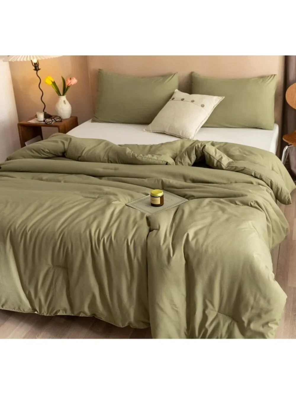 Olive Green Queen Comforter Set - 3pc Boho Bedding, Lightweight All-Season Quilt